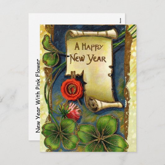 4つの葉のクローバーとの新年 シーズンポストカード (正面/裏面)