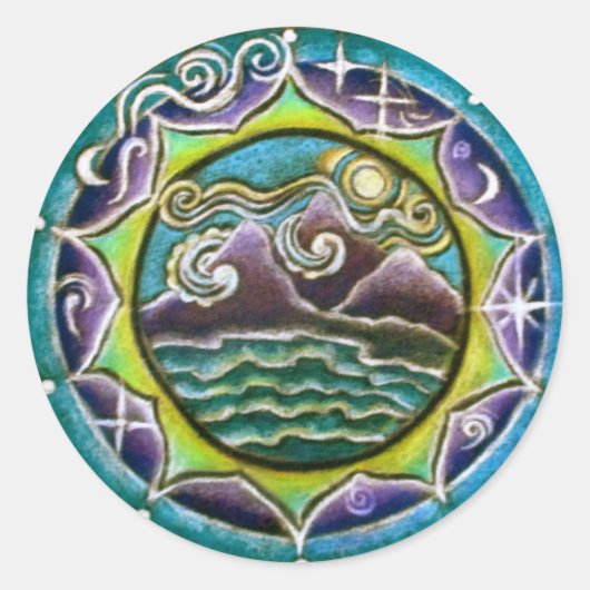 4つの要素マンダラステッカー地球、水、火、 ラウンドシール (正面)