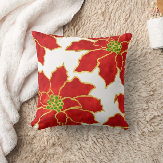 4つの赤い金ゴールド水色ポインセチア クッション (ブランケット)