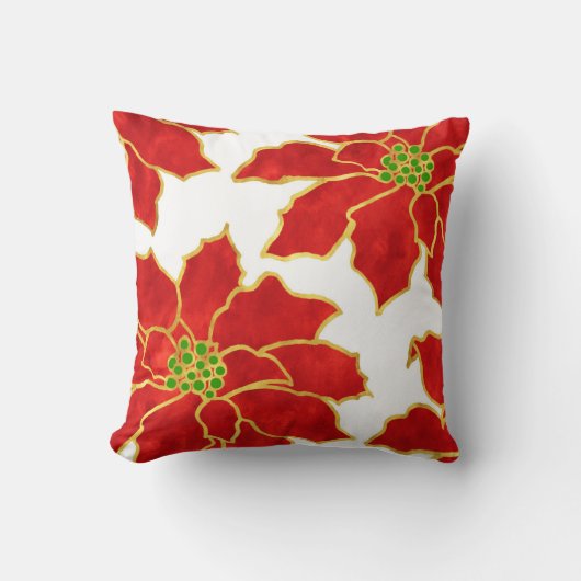 4つの赤い金ゴールド水色ポインセチア クッション (正面)