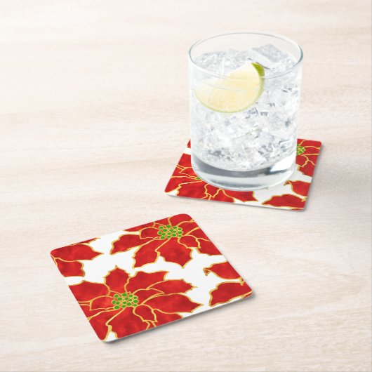 4つの赤い金ゴールド水色ポインセチア スクエアペーパーコースター (インサイチュ)