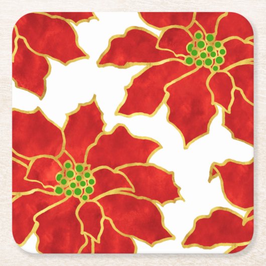 4つの赤い金ゴールド水色ポインセチア スクエアペーパーコースター (正面)