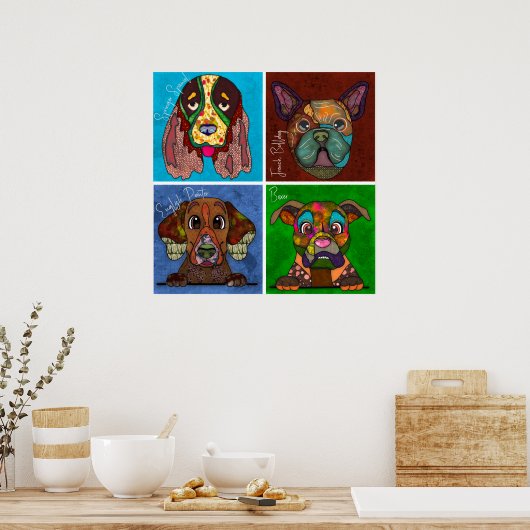 4つの醜い犬の顔ユニーク抽象芸術アートポスター ポスター (キッチン)