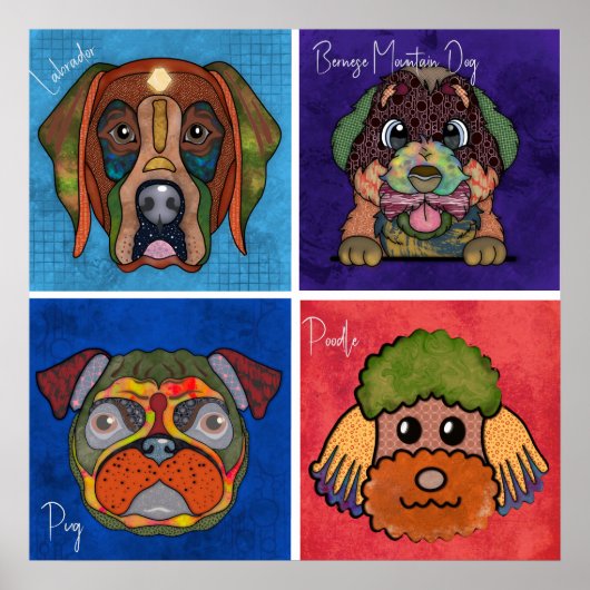 4つの醜い犬の顔ユニーク抽象芸術アートポスター ポスター (正面)