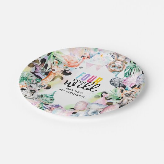 4つの野生のサファリの動物クール4歳の誕生日 ペーパープレート (アングル)