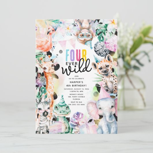 4つの野生のサファリの動物クール4歳の誕生日 招待状 (スタンド正面)