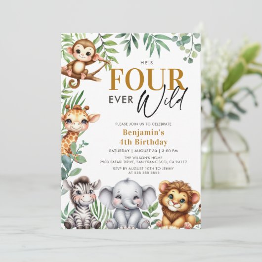 4つの野生のサファリジャングル動物4歳の誕生日 招待状 (スタンド正面)