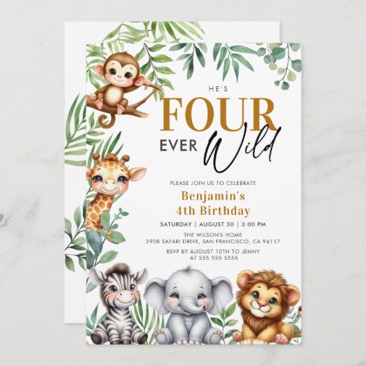 4つの野生のサファリジャングル動物4歳の誕生日 招待状 (正面/裏面)