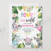 4つの野生のサファリバースデーパーティー動物 招待状 (正面)