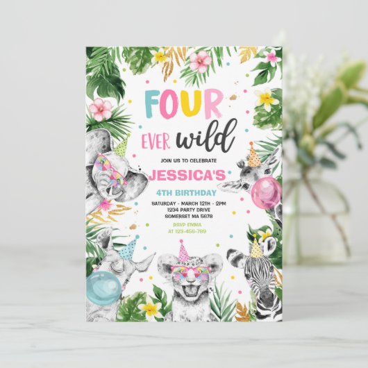 4つの野生のサファリバースデーパーティー動物 招待状 (スタンド正面)
