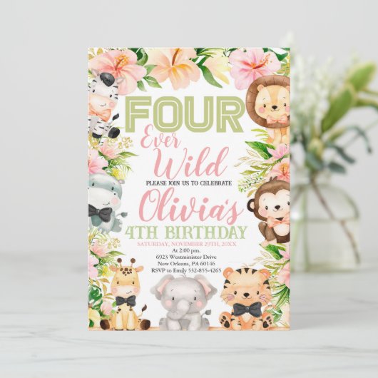 4つの野生のサファリ、4番目の誕生日ジャングル動物 招待状 (スタンド正面)