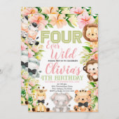 4つの野生のサファリ、4番目の誕生日ジャングル動物 招待状 (正面/裏面)