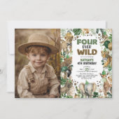 4つの野生のジャングル動物4th誕生日の写真 招待状 (正面)