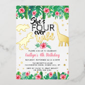 4つの野生の恐竜の女の子4歳の誕生日実在 箔招待状 (正面)