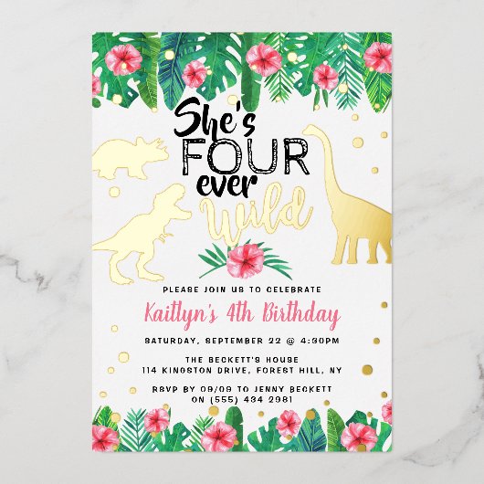 4つの野生の恐竜の女の子4歳の誕生日実在 箔招待状 (正面)
