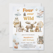 4つの野生の森の動物の4歳の誕生日 招待状 (正面)