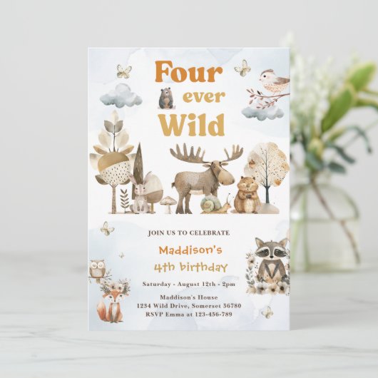 4つの野生の森の動物の4歳の誕生日 招待状 (スタンド正面)