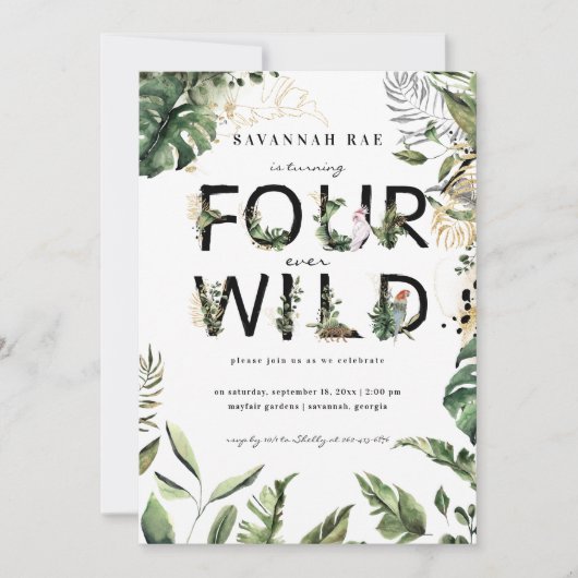 4つの野生の熱帯の緑4歳の誕生日 招待状 (正面)
