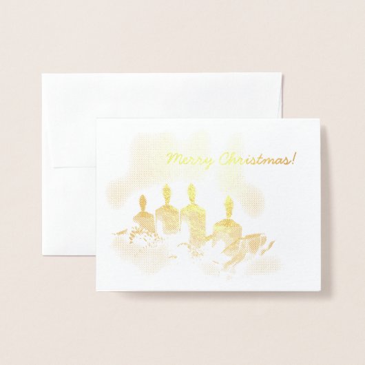 4つの金ゴールドかわいらしキャンドル陽気なクリスマス 箔カード (封筒付き正面)