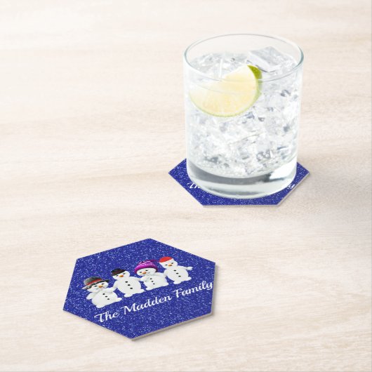 4つの雪だるまの家族ブルースパークル冬 ペーパーコースター (インサイチュ)