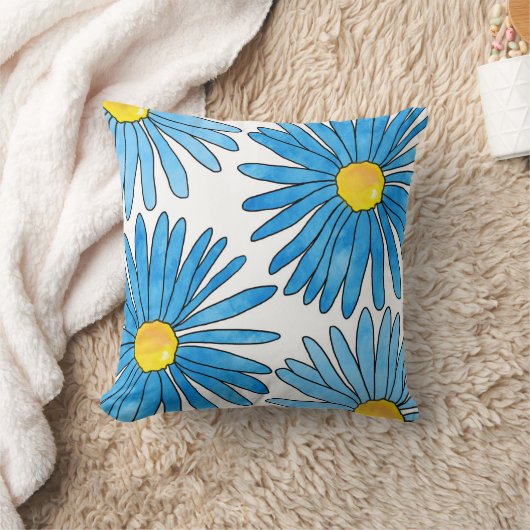 4つの青いペンと水の色のアスター花 クッション (ブランケット)