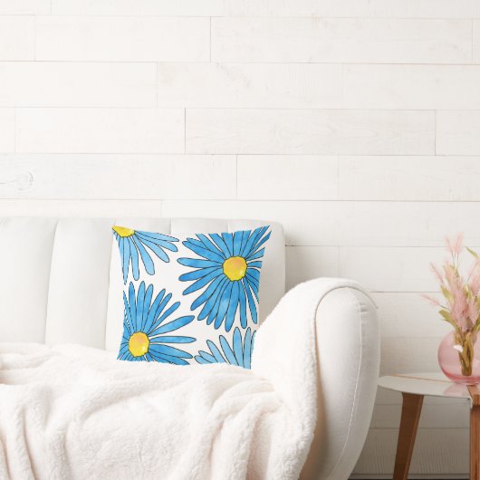 4つの青いペンと水の色のアスター花 クッション (ソファ)