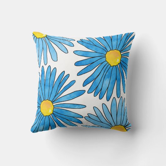 4つの青いペンと水の色のアスター花 クッション (裏面)