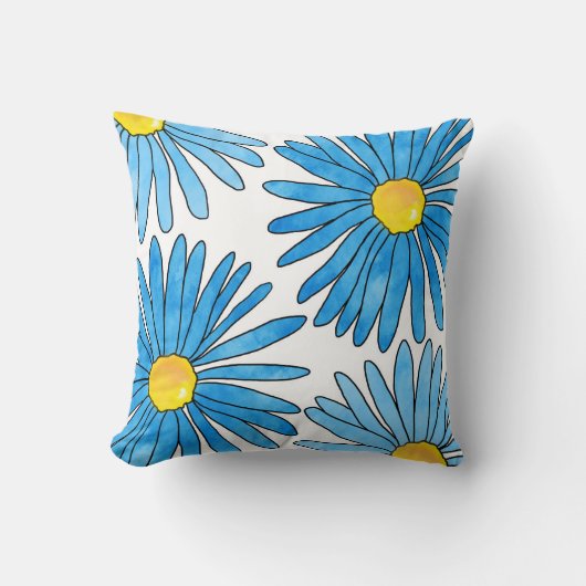 4つの青いペンと水の色のアスター花 クッション (正面)