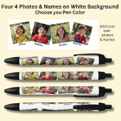 4つの4つの正方形の写真と名前、黒の上に白 青ボールペン