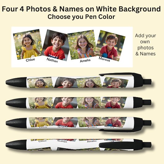 4つの4つの正方形の写真と名前、黒の上に白 青ボールペン