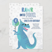 4つのTレックス恐竜に早入り4歳の誕生日パーティー 招待状 (正面/裏面)
