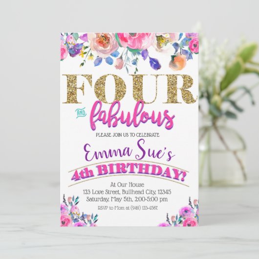 4と素晴らしい女の子のフローラ4th誕生日 招待状 (スタンド正面)