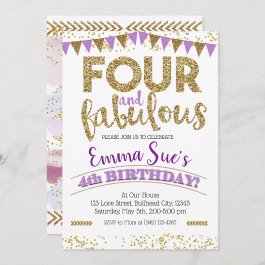 4と素晴らしい女の子パープル4th誕生日 招待状 (正面/裏面)