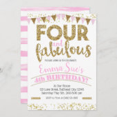 4と素晴らしい女の子ピンク&金ゴールド4th誕生日 招待状 (正面/裏面)