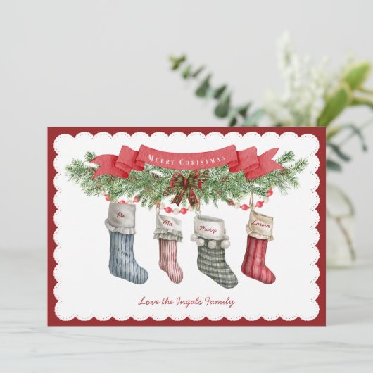 4のファミリ |クリスマスストッキングフラットホリデーカード シーズンカード (スタンド正面)
