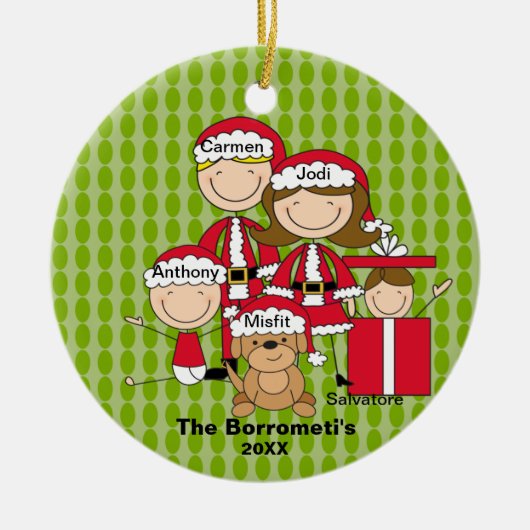 4の家族と犬のクリスマス装飾付き セラミックオーナメント (正面)
