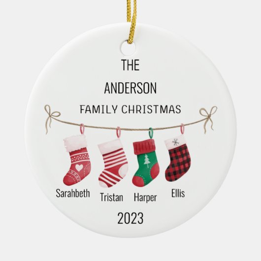 4カスタムストッキングの家族の名前&年クリスマス セラミックオーナメント (正面)