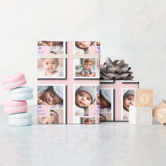 4カスタムフォトベビー誕生日、シャワー、ピンク、紫 ラッピングペーパー (ベビーシャワー)