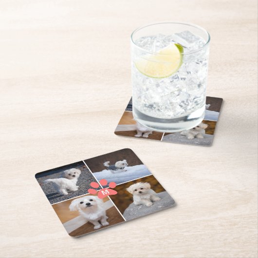 4カスタム人ペット犬フォトピンクの手モノグラムの形 スクエアペーパーコースター (インサイチュ)