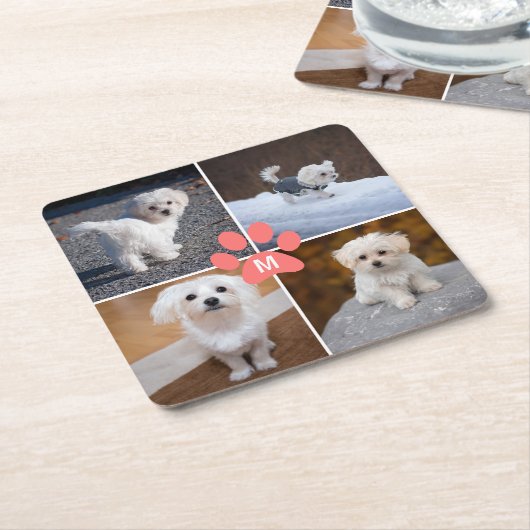 4カスタム人ペット犬フォトピンクの手モノグラムの形 スクエアペーパーコースター (アングル)