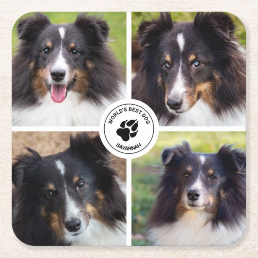 4カスタム枚ペット写真コラージュテンプレート&文字 スクエアペーパーコースター (正面)