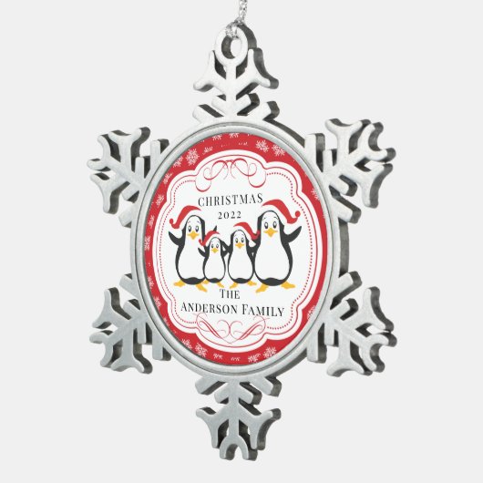 4クリスマスオーナメントのかわいいペンギンの家族 スノーフレークピューターオーナメント (右)