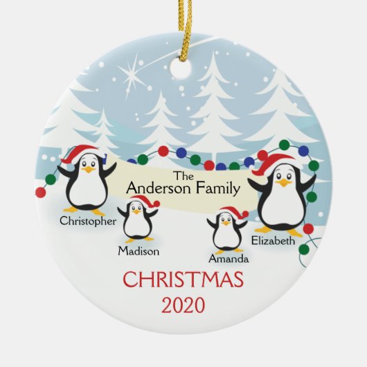 4クリスマスオーナメントのかわいいペンギンの家族 セラミックオーナメント (正面)