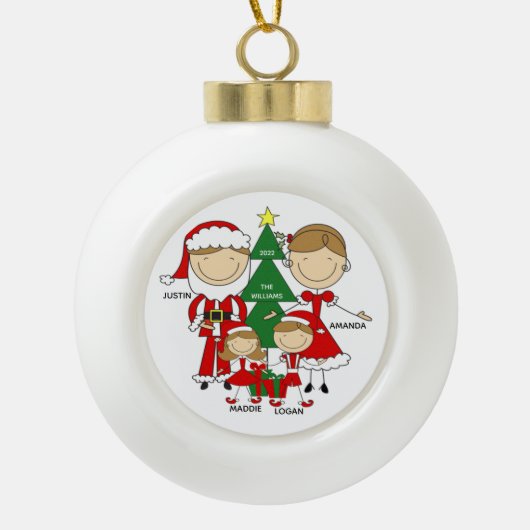 4クリスマスオーナメントの可愛いスティックフィギュア家族 セラミックボールオーナメント (正面)