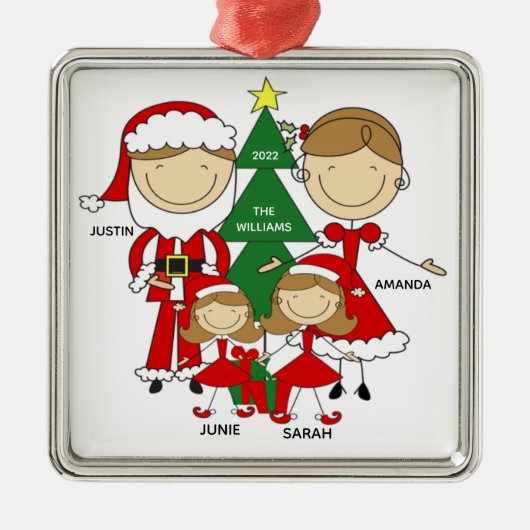 4クリスマスオーナメントの可愛いスティックフィギュア家族 メタルオーナメント (正面)