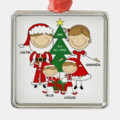 4クリスマスオーナメントの可愛いスティックフィギュア家族 メタルオーナメント (正面)