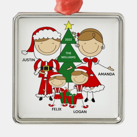 4クリスマスオーナメントの可愛いスティックフィギュア家族 メタルオーナメント (正面)