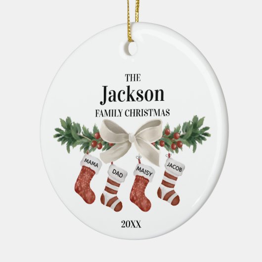 4クリスマスストッキングのパーソナル化可能な家族 セラミックオーナメント (左)
