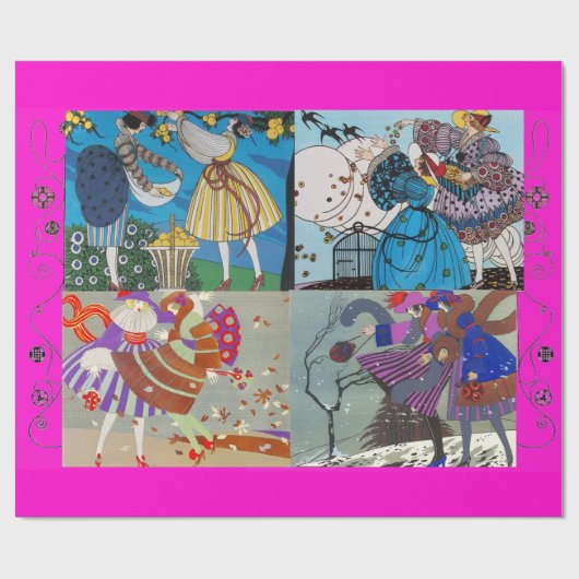 4シーズンズアートデコ美しいファッションイラストレーション、ピンク ラッピングペーパー (フラット)