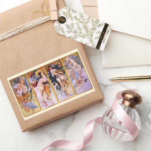 4シーズンズバイアルフォンスミュシャ、ヴィンテージアールヌーボー 長方形シール (ギフト)